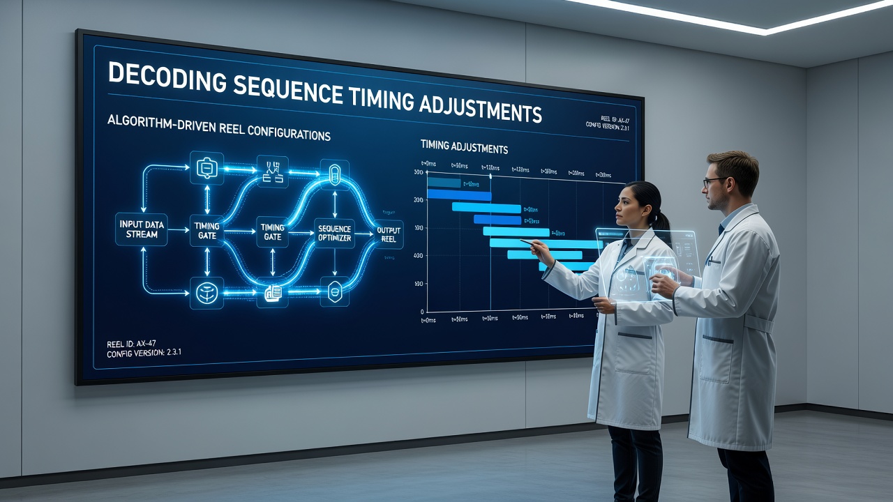 Technical visualization of timing sequences and algorithm parameters controlling digital reel spins
