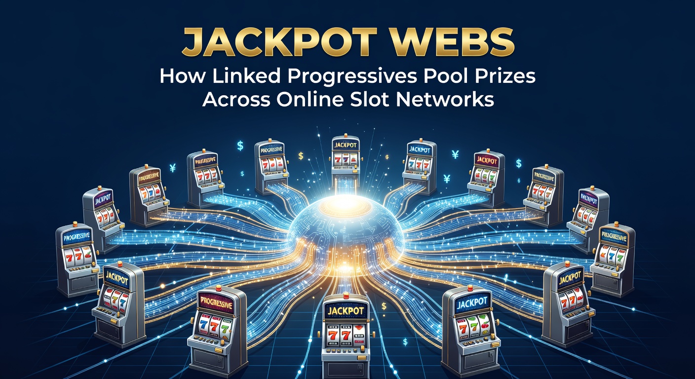 Digital web of interconnected slot machines illustrating linked progressive jackpots pooling prizes across networks