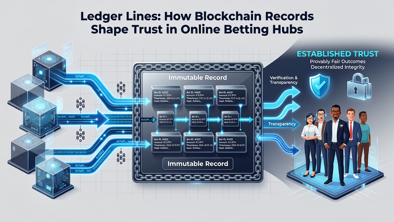 Illustration of blockchain nodes connecting betting transactions across a distributed network