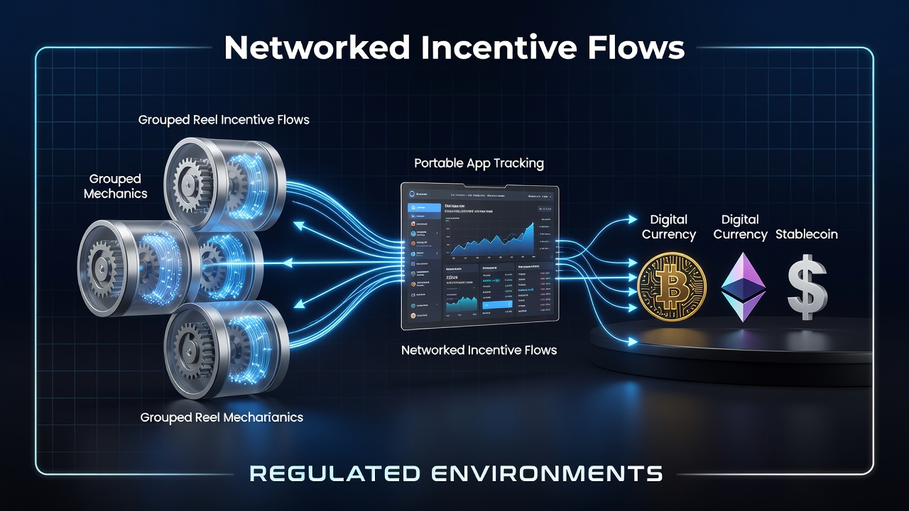 Illustration of networked incentive systems connecting slot cluster mechanics to mobile apps and digital payments