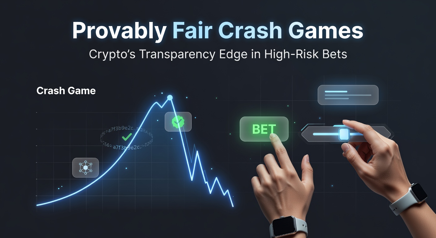 Dynamic screenshot of a provably fair crash game chart climbing with a multiplier, seed hashes visible in the interface, showcasing real-time betting action