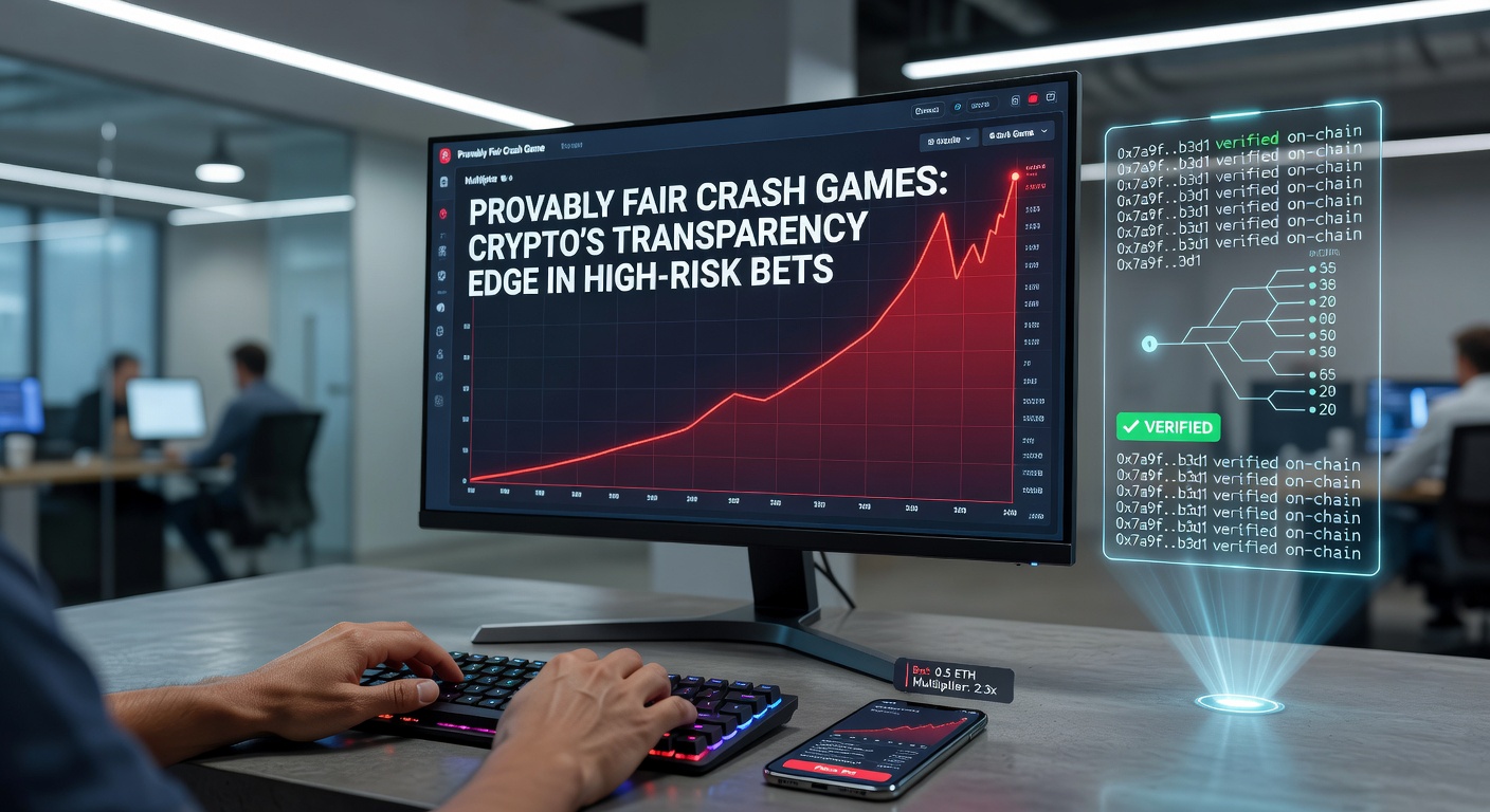 Close-up of a provably fair verification interface displaying server seed, client seed, nonce, and crash point calculation, with green checkmark confirming fairness