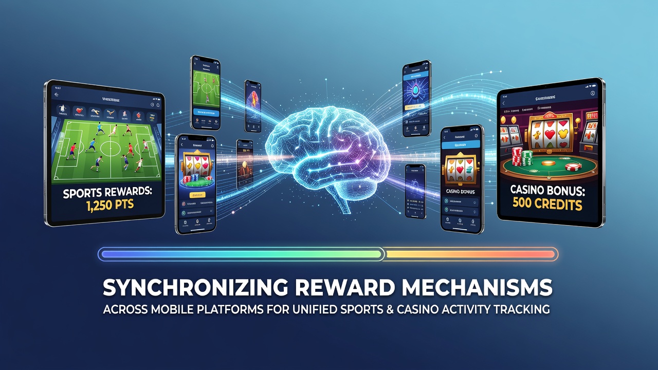 Mobile app interfaces displaying synchronized loyalty points from sports wagers and casino games across multiple devices