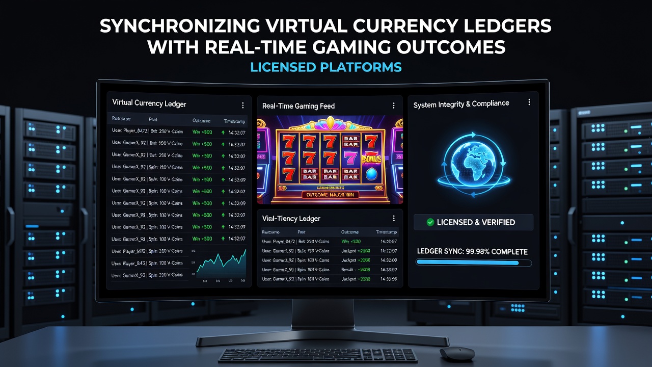 Diagram of data flow between gaming servers, APIs, and virtual currency ledgers in a licensed environment