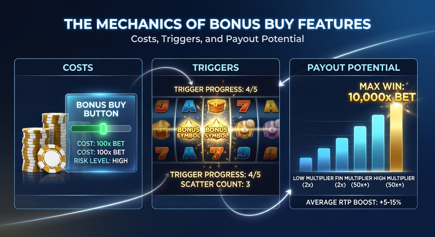 Close-up of a slot machine interface highlighting the bonus buy menu with cost options, trigger animations, and exploding payout symbols in action
