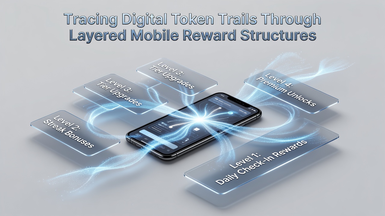Diagram showing layered mobile reward token flows across app interfaces and backend servers