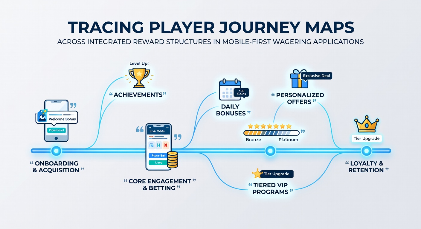 Mobile wagering app interface displaying player journey tracking and reward integration metrics